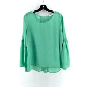 Entro  Women's Long Sleeve Mint Green Boho Crochet Back Shirt Top Blouse Medium
